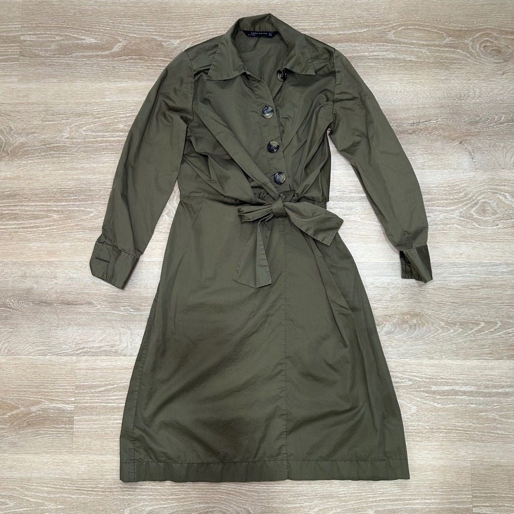 Zara Shirt Dress Womens Size S Olive Green Tie Front Button Up Midi Cotton